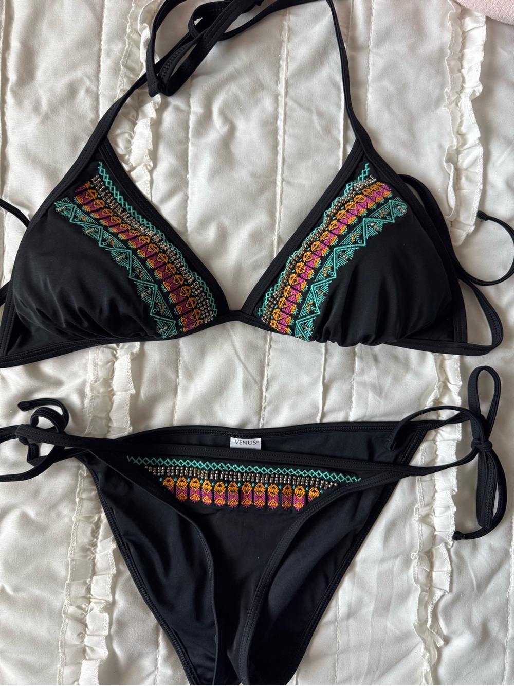 Venus Embroidered and Beaded Triangle Bikini Black with Multicolor Accents DD, 4